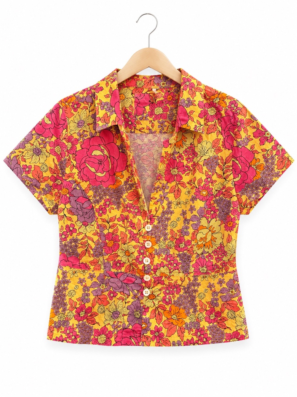 Free People Retro Floral Button Front Blouse Top XS Boho Cottagecore Pink Orange